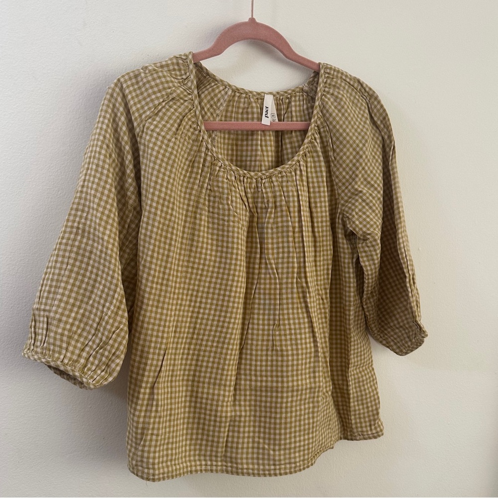 Pact Gingham Blouse in Tan and Cream